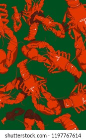 Seamless lobster pattern. Colorful  composition of hand-drawn lobster.Vector illustration.