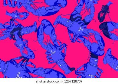Seamless lobster pattern. Colorful  composition of hand-drawn lobster.Vector illustration.