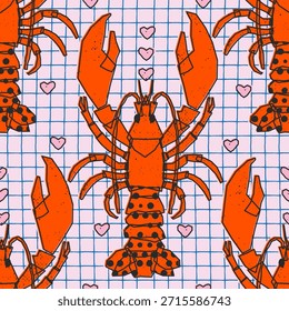 Seamless lobster pattern with hearts on blue grid background. Perfect for textile design, wrapping paper, coastal-themed projects, summer graphics