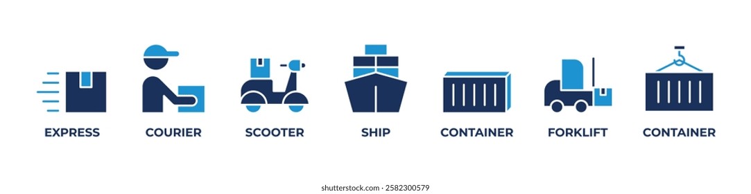Seamless Logistics icons blue set vector illustration with EXPRESS, COURIER, SCOOTER, SHIP, CONTAINER, FORKLIFT, CONTAINER
