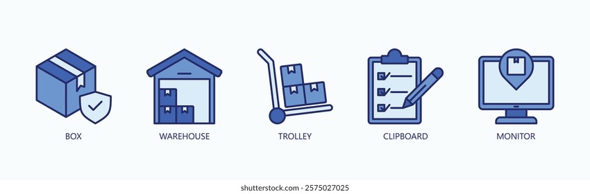 Seamless Logistics Suite Icon Set Isolated Vector With Icon Of Box, Warehouse, Trolley, Clipboard, Monitor In Blue Style