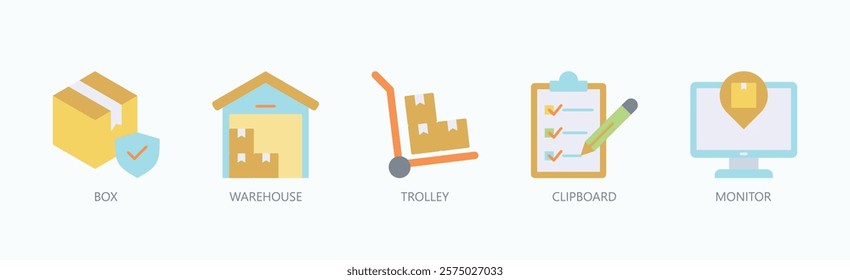 Seamless Logistics Suite Icon Set Isolated Vector With Icon Of Box, Warehouse, Trolley, Clipboard, Monitor In Flat Style