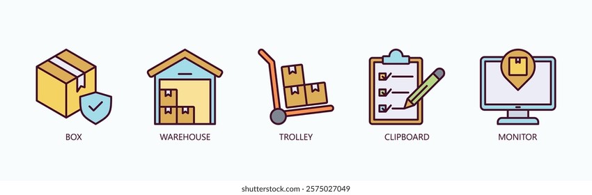 Seamless Logistics Suite Icon Set Isolated Vector With Icon Of Box, Warehouse, Trolley, Clipboard, Monitor In Outline Color Style