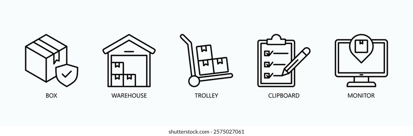 Seamless Logistics Suite Icon Set Isolated Vector With Icon Of Box, Warehouse, Trolley, Clipboard, Monitor In Outline Style