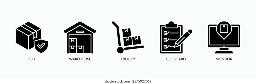 Seamless Logistics Suite Icon Set Isolated Vector With Icon Of Box, Warehouse, Trolley, Clipboard, Monitor In Glyph Style