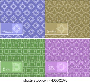 Seamless logo with label for healthy life style, detox, meditation, yoga studio. Graphic design elements in outline style