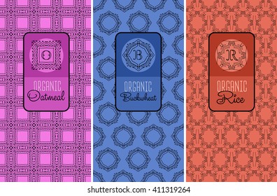Seamless logo with label for oatmeal, buckwheat, rice packaging. Linear vector illustration 