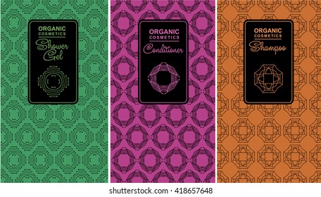 Seamless logo with label for organic cosmetics, shampoo, shower gel, balm packaging. Linear vector illustration for organic cosmetics