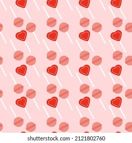 Seamless lollipop pattern. Heart shaped candy on the stick. Red and pink colors. Repeatative endless swatch for textile, fabric, print, wallpaper.