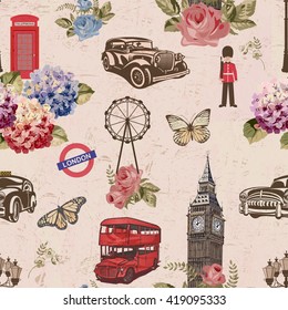 Seamless London Travel Wallpaper.Vintage Background.