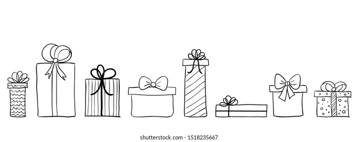 Seamless long banner with hand drawn gift boxes. Vector background with doodle presents. Christmas or birthday banner, greeting card