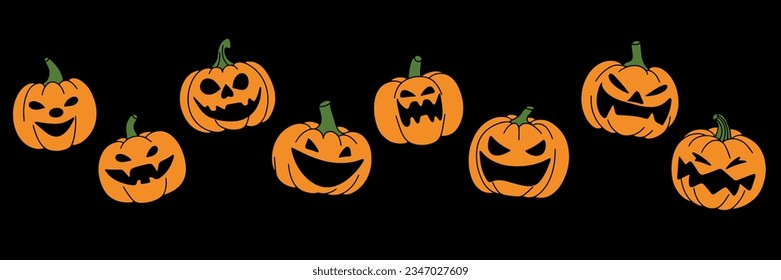 Seamless long horizontal Halloween banner. Pumpkin Halloween seamless banner. Jack O Lantern banner on dark background. Vector illustration.