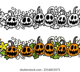 Seamless long pattern of lanterns carved from pumpkins with leaves color and outlined variations. Image produced without the use of any form of AI software at any stage.