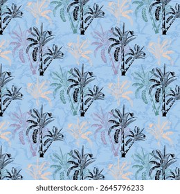 Padrão longo sem costura folha gráfica variedade de tipos em tom colorido superfície de textura de madeira com folhas tropicais para decorar.