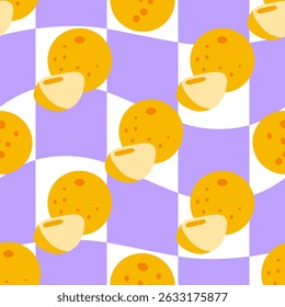 Seamless Longan Fruit Pattern Design — seamless pattern with whole and halved longan fruits in flat cartoon style. Bright tropical layout with purple and white checkered background.