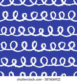 Seamless loops pattern. Hand painted with oil pastel crayons. Blue stripes on white background. Design element for printables, wallpaper, baby shower invitation, birthday card, scrapbooking etc.
