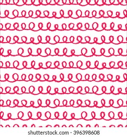 Seamless loops pattern. Hand painted with oil pastel crayons. White stripes on red background. Design element for printables, wallpaper, baby shower invitation, birthday card, scrapbooking etc.