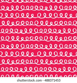 Seamless loops pattern. Hand painted with oil pastel crayons. White stripes on red background. Design element for printables, wallpaper, baby shower invitation, birthday card, scrapbooking etc.