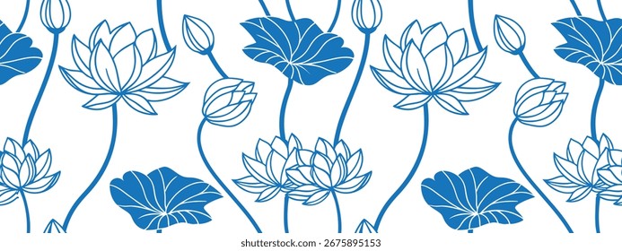 Seamless lotus flower pattern in blue outline on white background. Elegant botanical vector design for fabric, wallpaper, and decoration. Minimal floral illustration with natural style.