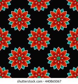 Seamless Lotus flower pattern. Buddhist Temple traditional ornament. Oriental pattern. Buddhism theme. Abstract colorful Background. Vector illustration.