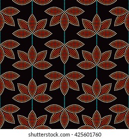Seamless Lotus flower pattern. Dotted pattern. Oriental traditional ornament in Buddhist Temple colors. Floral background. Mosaic of dots. Vector Illustration.