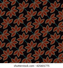 Seamless Lotus flower pattern. Dotted pattern. Oriental traditional ornament in Buddhist Temple colors. Floral background. Mosaic of dots. Vector Illustration.