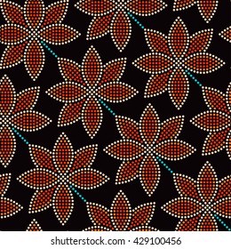 Seamless Lotus flower pattern. Dotted pattern. Oriental traditional ornament in Buddhist Temple colors. Floral background. Mosaic of dots. Vector Illustration.