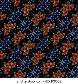 Seamless Lotus flower pattern. Dotted pattern. Oriental traditional ornament in Buddhist Temple colors. Floral background. Mosaic of dots. Vector Illustration.