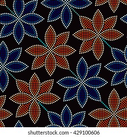 Seamless Lotus flower pattern. Dotted pattern. Oriental traditional ornament in Buddhist Temple colors. Floral background. Mosaic of dots. Vector Illustration.