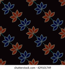 Seamless Lotus flower pattern. Dotted pattern. Oriental traditional ornament in Buddhist Temple colors. Floral background. Mosaic of dots. Vector Illustration.
