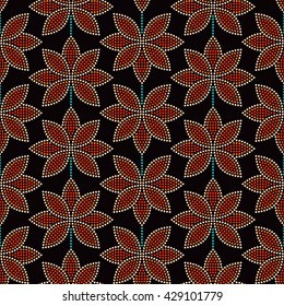 Seamless Lotus flower pattern. Dotted pattern. Oriental traditional ornament in Buddhist Temple colors. Floral background. Mosaic of dots. Vector Illustration.