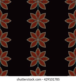 Seamless Lotus flower pattern. Dotted pattern. Oriental traditional ornament in Buddhist Temple colors. Floral background. Mosaic of dots. Vector Illustration.