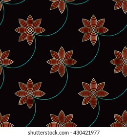 Seamless Lotus flower pattern. Dotted pattern. Oriental traditional ornament in Buddhist Temple colors. Floral background. Mosaic of dots. Vector Illustration.