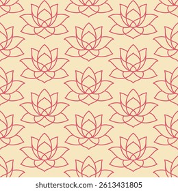 Seamless Lotus Flower Pattern Elegant Hand Drawn Line Art Background for Yoga, Meditation, Spa, Wellness, Textile and Surface Design