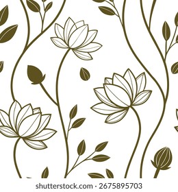 Seamless lotus flower pattern with leaves in elegant brown outline. Decorative botanical vector design for fabric, wallpaper, and art projects. Minimal floral illustration background.