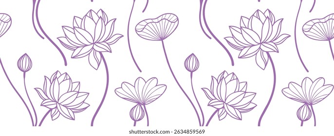 Seamless lotus flower pattern in soft purple line art over a clean white background. Perfect for spa branding, packaging, wallpapers, and textile design. Elegant and calming floral illustration.