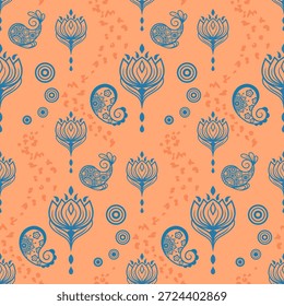 Lotus sem emenda e padrão de paisley em tons de pêssego e azul. Ideal para impressão têxtil, produção de tecido, vestuário, papel de parede, design de superfície e uso de fabricação industrial.