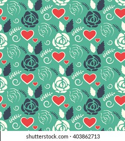 Seamless Love Abstract Pattern with Roses Flowers and Hearts on Green Background