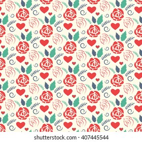 Seamless Love Abstract Pattern with Roses Flowers and Hearts on White Background