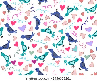 Seamless love birds anniversary background Design for fashion, fabric, textile, wallpaper, wrapping and all prints. Hand drawn birds and hearts. Romantic cute small birds.