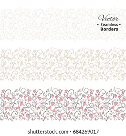 Seamless love borders, floral pattern with hearts. Tileable, can be infinitely repeated. Great for wedding invitations, valentine day cards, banners, headers. Illustrator swatch in the Swatches panel.