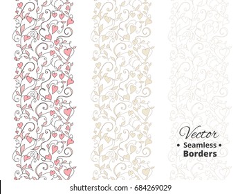 Seamless love borders, floral pattern with hearts. Tileable, can be infinitely repeated. Great for wedding invitations, valentine day cards, banners, headers. Illustrator swatch in the Swatches panel.