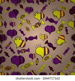 Seamless Love fabric pattern for background. Beige, purple and yellow Vector illustration.