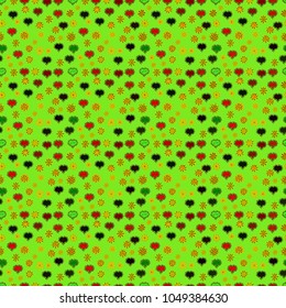 Seamless Love fabric pattern for background. Green, yellow and red Vector illustration.