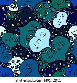 Seamless Love fabric pattern for background. Black, blue and neutral Vector illustration.