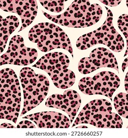Padrão de coração de amor sem costura combinado com impressão de animal leopardo, ideal para moda, desenhos dos namorados e fundos decorativos arrojados.