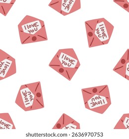 Seamless Love Letter Pattern Design. Pink envelopes with “I love you” notes arranged in a playful repeating pattern, flat cartoon style on white background.
