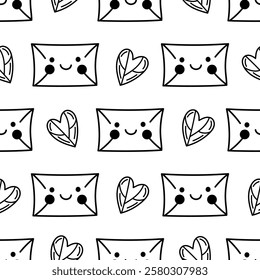 Seamless love letter pattern outline doodle illustration with smiling envelopes

