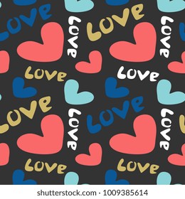 Seamless love pattern with 90s Memphis colorful style art in black background.