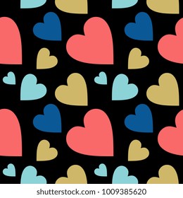 Seamless love pattern with 90s Memphis colorful style art in black background.